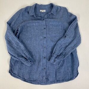 Blue Linen Button Down Shirt Long Sleeve Collared Pockets Classic Blouse XL
